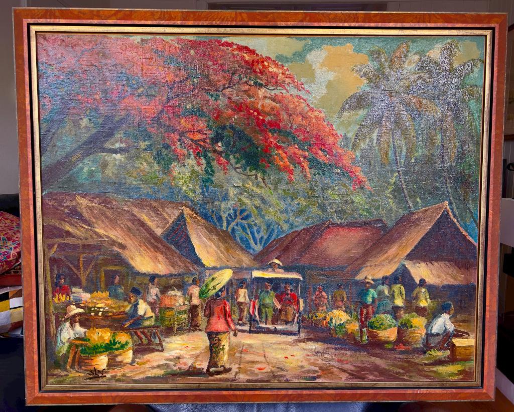 OLIEVERFSCHILDERIJ VAN EEN INDONESISCHE MARKTSCÈNE (PASAR), Antiek en Kunst, Kunst | Schilderijen | Klassiek, Ophalen