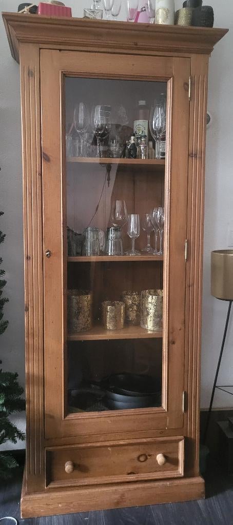 Mooie vitrinekast, met glasdeur, oud gemaakt grenen, Ophalen, Gebruikt, Met deur(en), 50 tot 100 cm