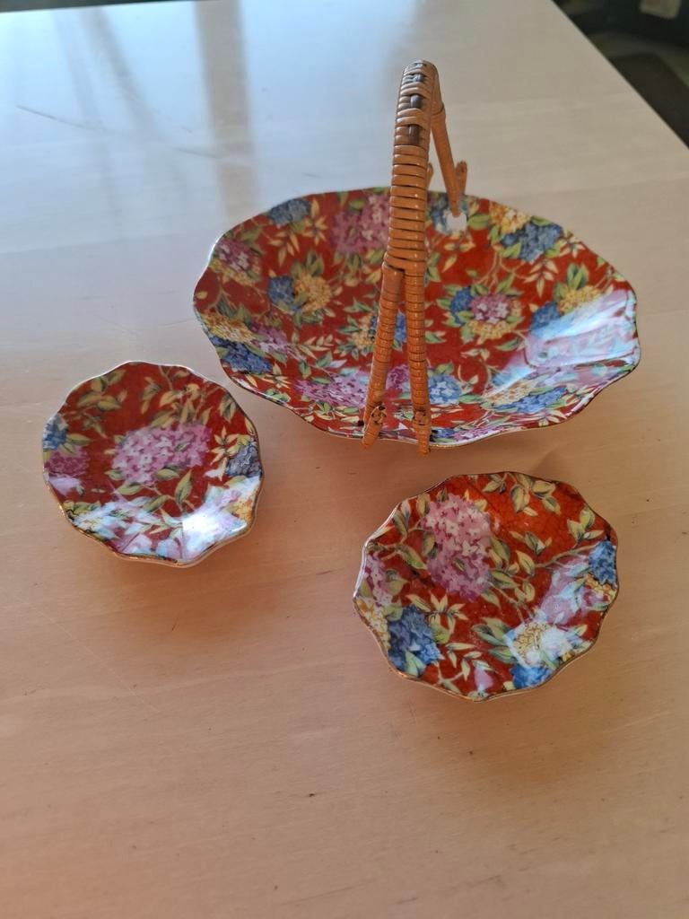 Handgeschilderd royal duchess " mandje" met 2 schaaltjes., Ophalen of Verzenden, Zo goed als nieuw, Rond, Porselein of Keramiek