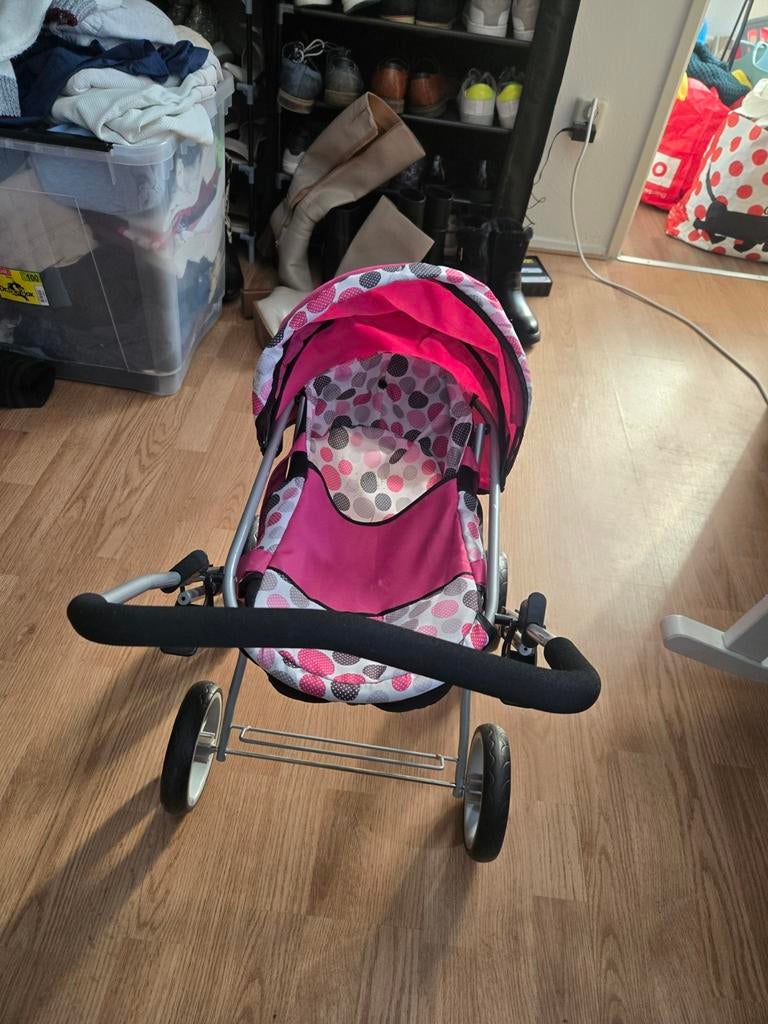 Roze poppenwagen met stippenpatroon, Ophalen of Verzenden, Gebruikt, Overige typen