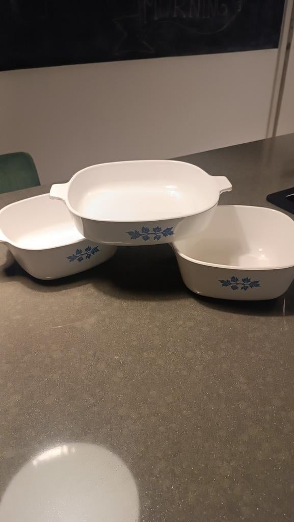 Set van 3 Pyroflam dekschalen met blauw bladmotief, Ophalen, Overige materialen, Gebruikt, Schaal