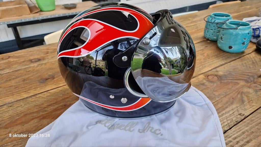 Biltwell Gringo Flames helm, 59 cm, zilver vizier, z.g.st., Overige merken, Ophalen of Verzenden, Integraalhelm, L