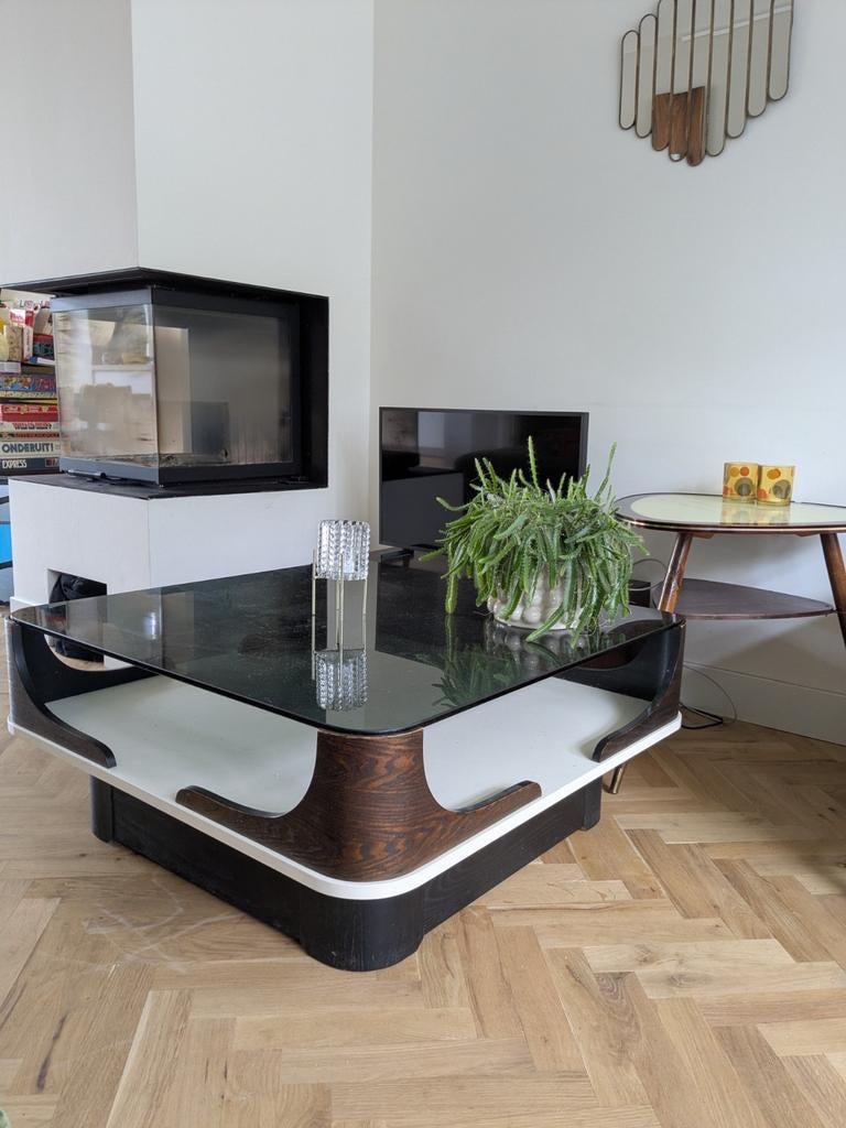70's space age vintage salontafel rookglas, Ophalen, Gebruikt, 50 tot 100 cm, Vierkant