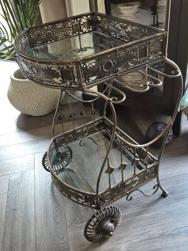 Vintage serveerwagen / theewagen met glas en metaal, Ophalen, Vintage, Gebruikt, Metaal