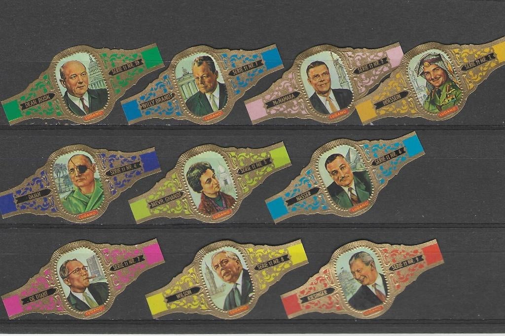 reeks 3070  wereld leiders - 1-10  sigarenbanden, Ophalen of Verzenden, Zo goed als nieuw, Sigarenbandjes