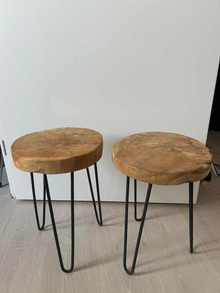2 houten krukjes / bijzettafeltjes / nachtkastjes, Huis en Inrichting, Tafels | Bijzettafels, Ophalen, Minder dan 45 cm, Minder dan 55 cm