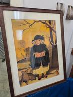 Ingelijste print van een meisje met ree en roodborstje, Ophalen of Verzenden