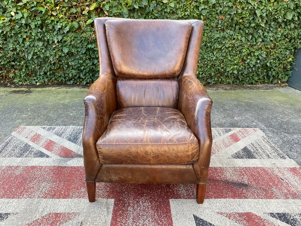 Hoge bruin leren generfde oorfauteuil !!!, Huis en Inrichting, Fauteuils, Ophalen, Fauteuil, 75 tot 100 cm, 75 tot 100 cm