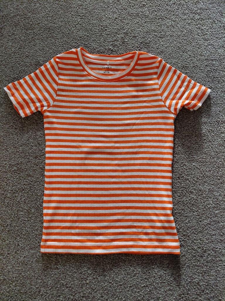 Oranje-wit rib shirt maat 134/140 Koningsdag/Spelen, Kinderen en Baby's, Kinderkleding | Maat 134, Meisje, Ophalen of Verzenden