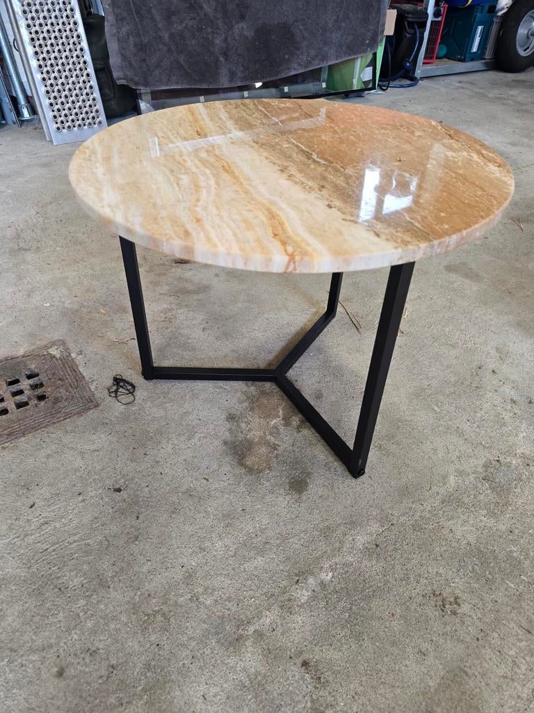 Salontafel marmer met zwart metalen frame, 50 tot 100 cm, Rond, Metaal, Minder dan 50 cm