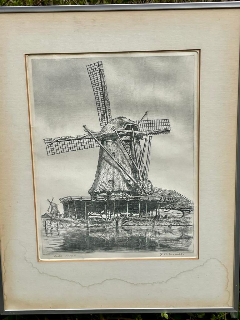 Tekening molen Oude Zwan door G.N. Woudt, Antiek en Kunst, Ophalen of Verzenden