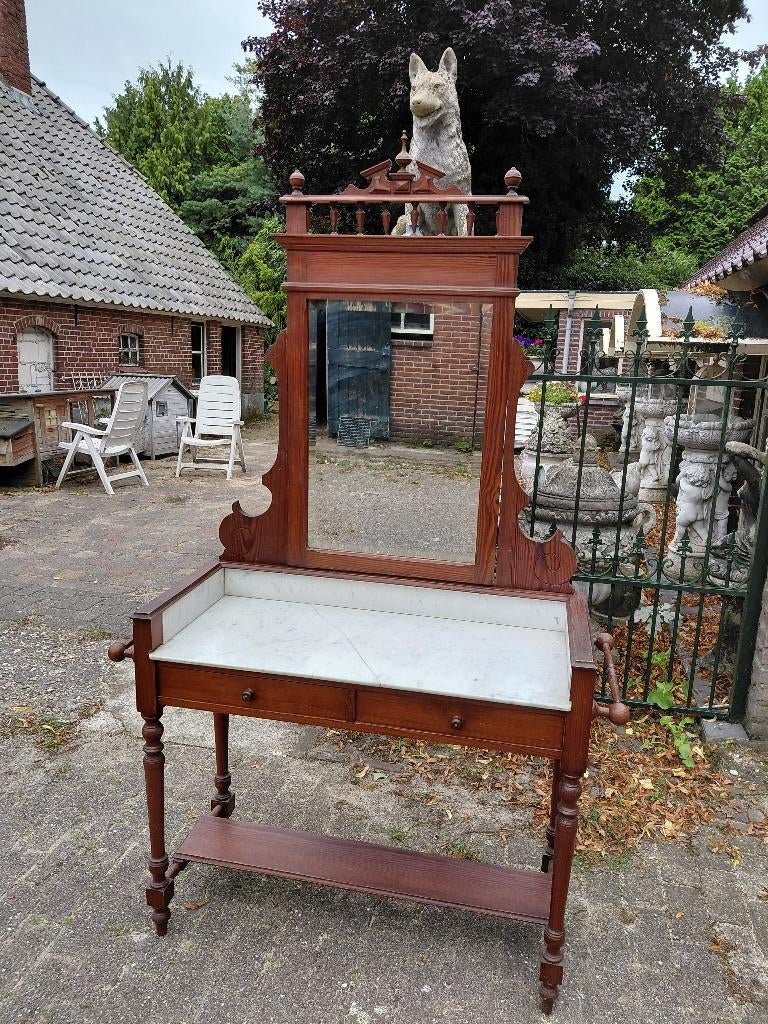 Antieke grenen wastafel, wit marmeren blad, 19e eeuw., Antiek en Kunst, Ophalen