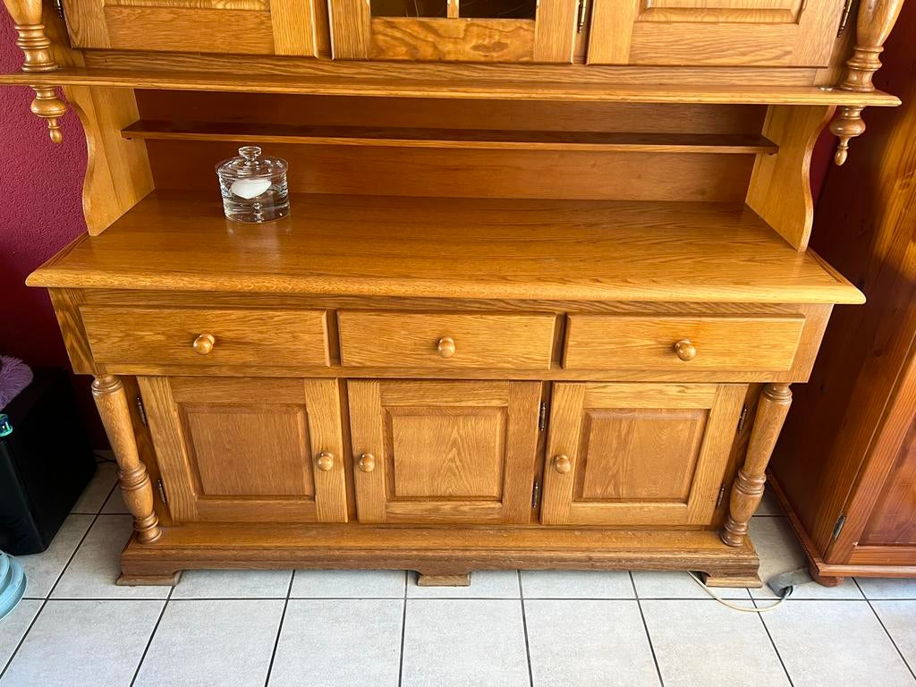 Massieve eikenhouten kast met vitrine en lades, Ophalen, Gebruikt, 200 cm of meer, 150 tot 200 cm