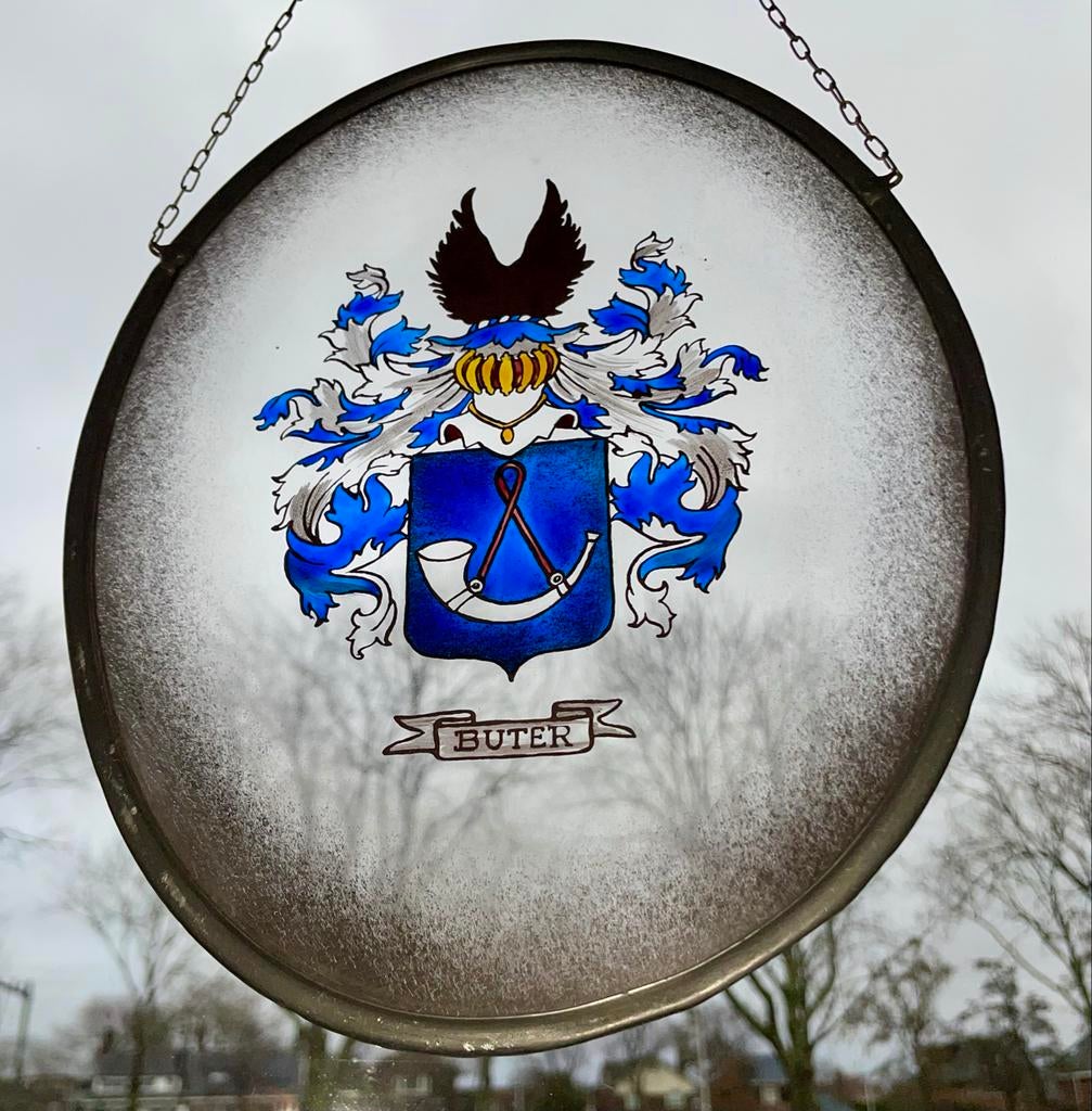 Gebrandschilderde Raamhanger Familiewapen Buter, Verzenden