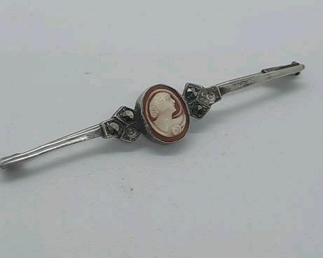 Antieke Zilveren Broche Camee en Markasiet, Ophalen of Verzenden