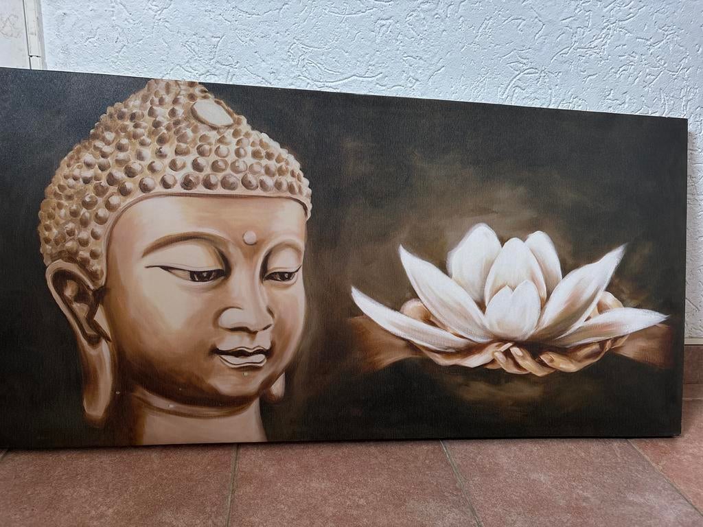 Boeddha en Lotusbloem Canvas Schilderij, Antiek en Kunst, Ophalen