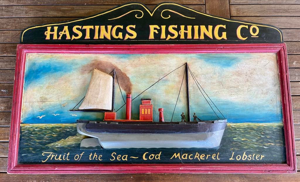 Antiek Hastings Fishing Co. Houten Reliëf Schilderij, Antiek en Kunst, Kunst | Schilderijen | Klassiek, Ophalen of Verzenden