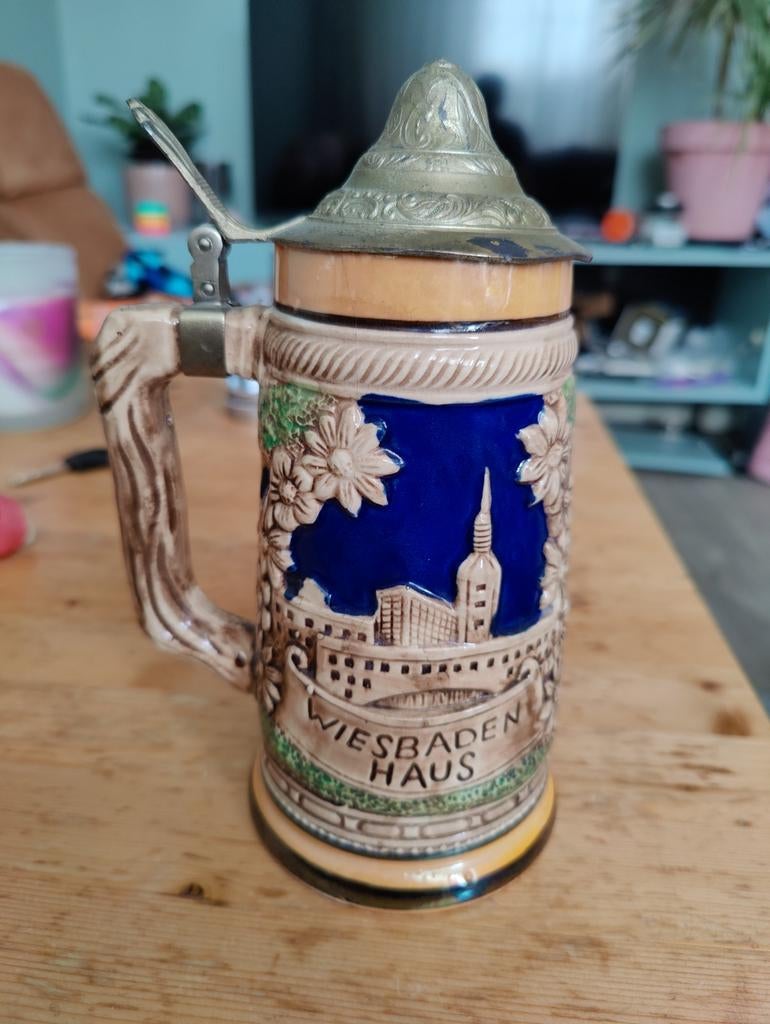Vintage Duitse Keramieken Bierpul met Tinnen Deksel, Ophalen of Verzenden