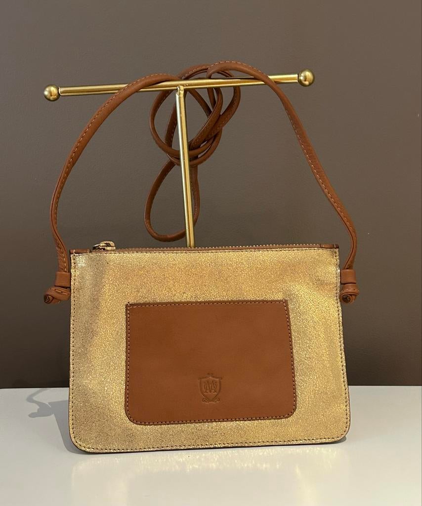 Klein leren Massimo Dutti Schoudertasje Goudkleurig, Ophalen of Verzenden, Nieuw, Bruin, Schoudertasje