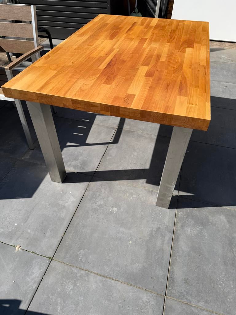 Houten tafel met RVS poten, Huis en Inrichting, Tafels | Eettafels, Ophalen of Verzenden, Rechthoekig, 200 cm of meer, 50 tot 100 cm