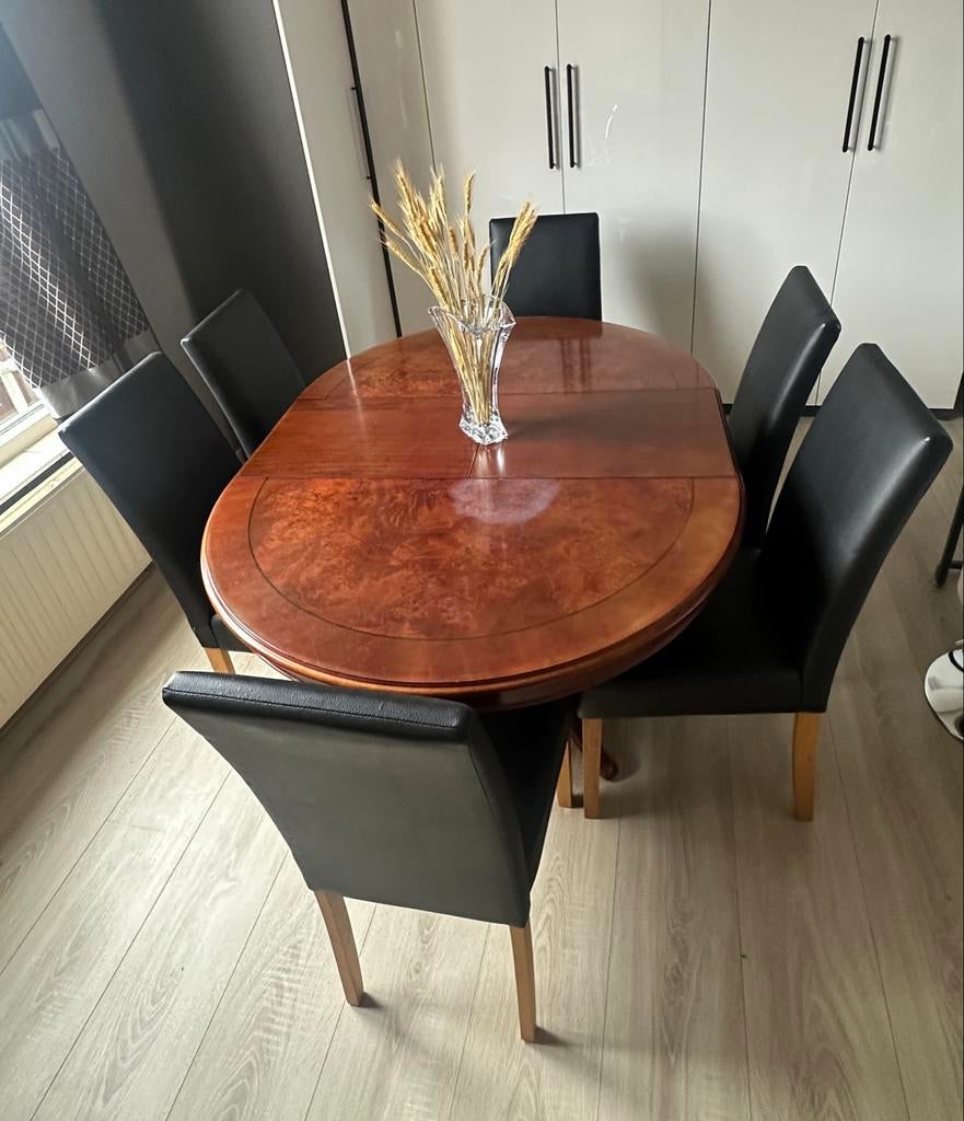 Uitschuifbare ovale eettafel met 6 stoelen, Huis en Inrichting, Tafels | Eettafels, Gebruikt, 100 tot 150 cm, 200 cm of meer, Vijf personen of meer