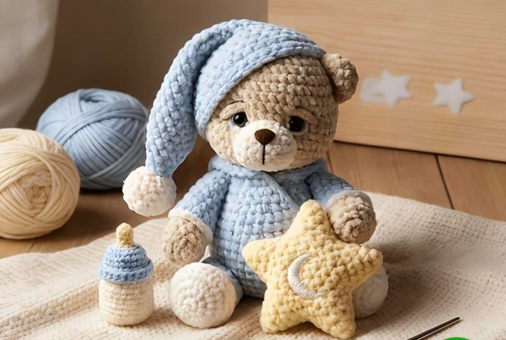 Kompleet haakpakket amigurami beer met slaapmuts, Ophalen of Verzenden, Nieuw, Haken, Patroon of Boek