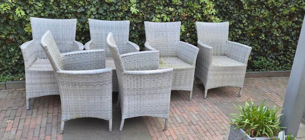 6 Wicker kuipstoelen met kussens - Grijs, Tuin en Terras, Ophalen, Gebruikt, Wicker