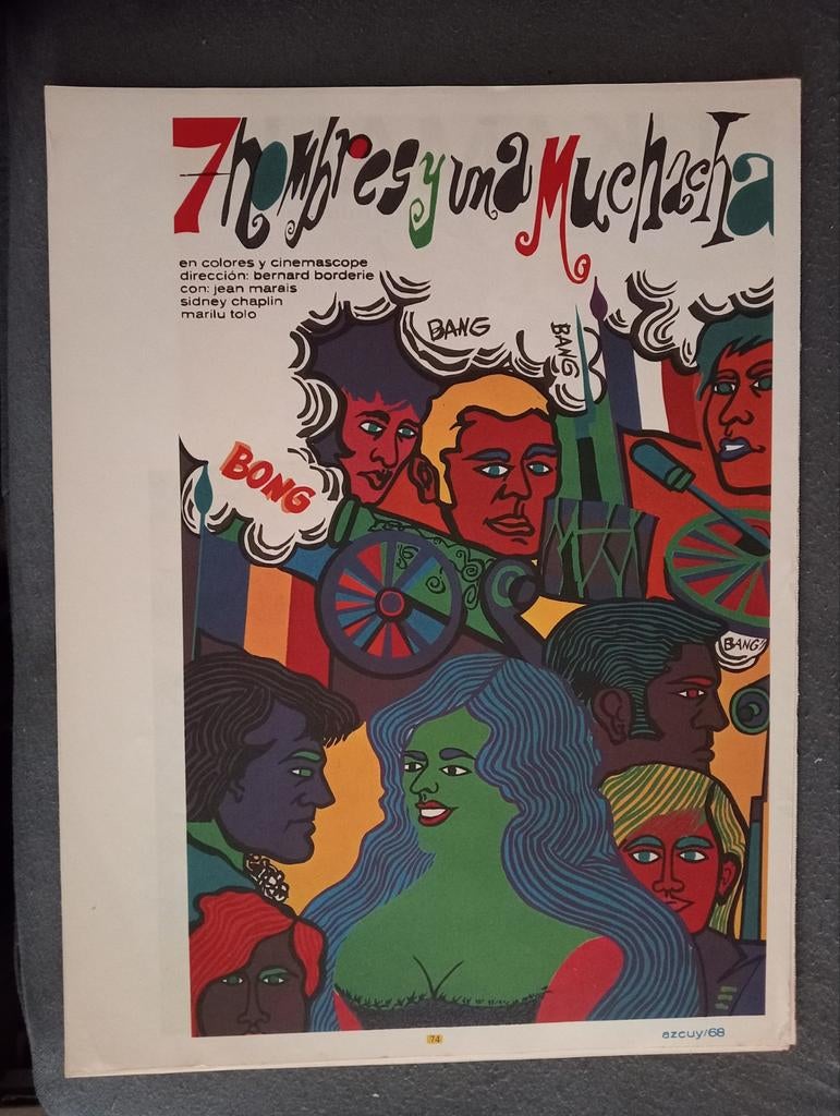 7 Hombres y una Muchacha Film affiche Cuba 1970, Verzamelen, Ophalen of Verzenden, Gebruikt, A1 t/m A3, Film en Tv