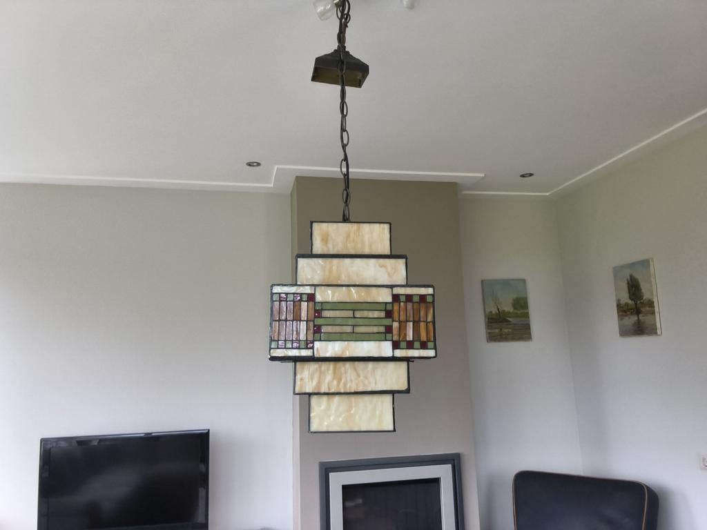 Prachtige hanglamp glas in lood., Huis en Inrichting, Lampen | Hanglampen, Zo goed als nieuw, Minder dan 50 cm, Glas, Ophalen