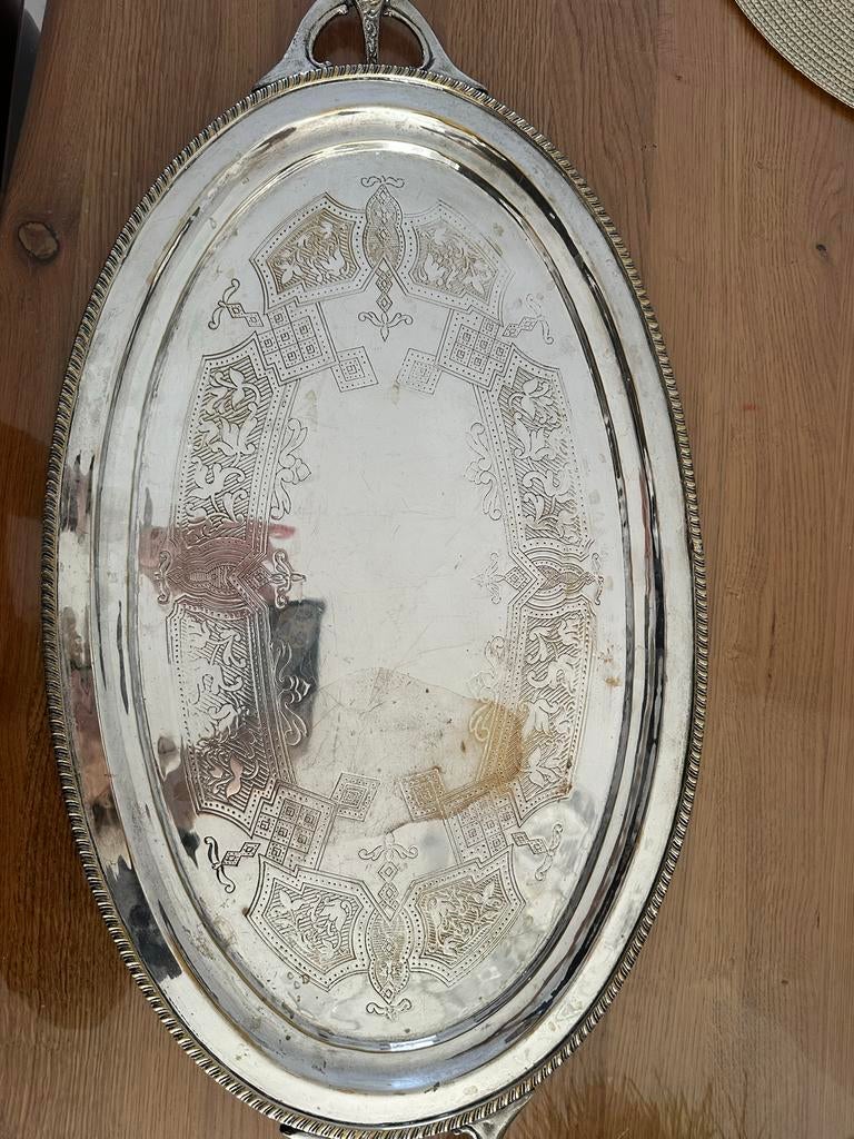 Verzilverd dienblad groot, Huis en Inrichting, Woonaccessoires | Dienbladen, Ophalen, Gebruikt, Ovaal, Metaal