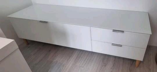 Modern wit Tv meubel van glas, Ophalen, Gebruikt, 100 tot 150 cm, Glas