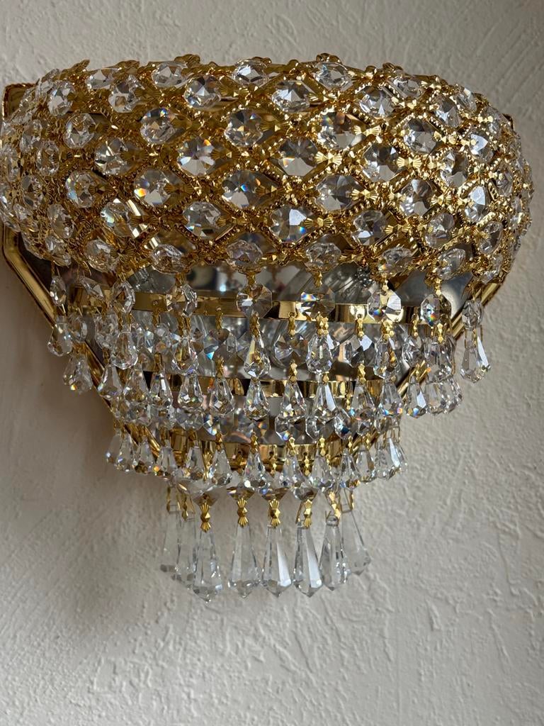 Goudkleurig koper wandlamp met kristallen Swarovski, Huis en Inrichting, Lampen | Wandlampen, Nieuw, Glas, Metaal, Ophalen of Verzenden