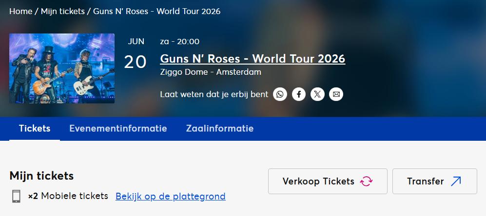2x Guns 'n Roses GA staanplaatsen 20 juni, Twee personen, Juni, Hard Rock of Metal