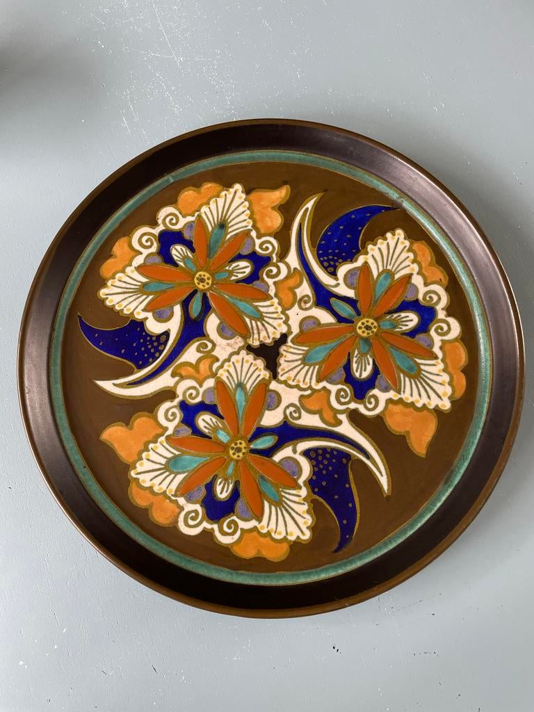 Gouda Plateel Groot Bord, 2 Potjes, Asbak, Luciferhouder, Antiek en Kunst, Ophalen of Verzenden