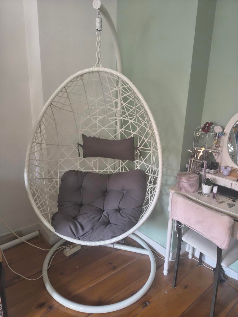 Hangstoel eivorm, compleet met kussens, Ophalen, Kunststof, Wit, Bohemian
