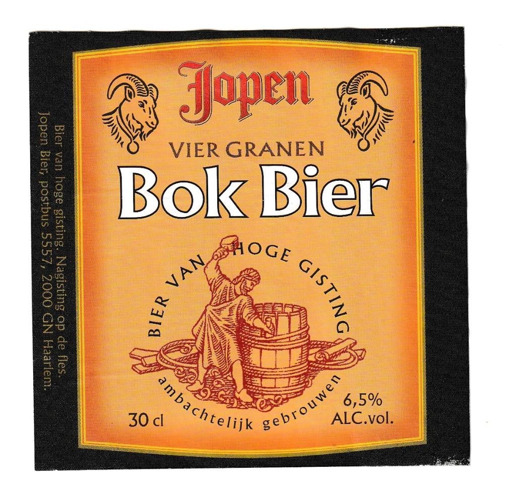 Bieretiket Jopen Viergranen Bokbier-Brouwerij Jopen, Haarlem, Verzamelen, Ophalen of Verzenden, Zo goed als nieuw, Overige typen