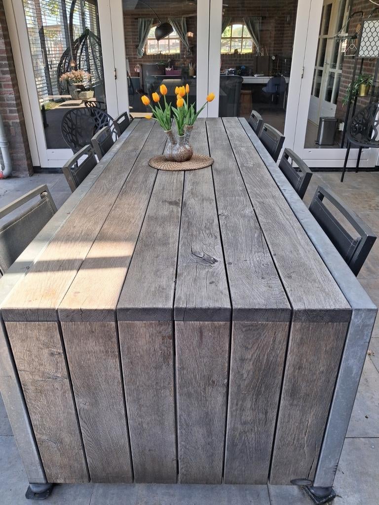Zware tuintafel met 8 stoelen en 2 banken (3x1m), Ophalen of Verzenden, Gebruikt, Rechthoekig, Hout