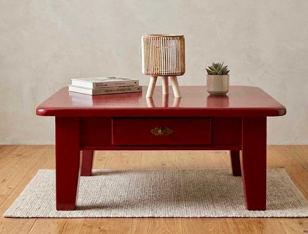 Rode salontafel met lade, Ophalen, Gebruikt, Vierkant, 50 tot 100 cm