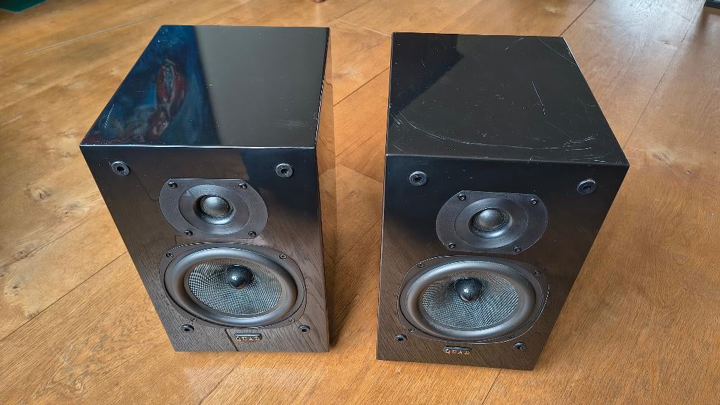 Quad 12L Luidsprekers, Speakers, Zwarte Pianolak, Gebruikt, 60 tot 120 watt, Front, Rear of Stereo speakers, Ophalen