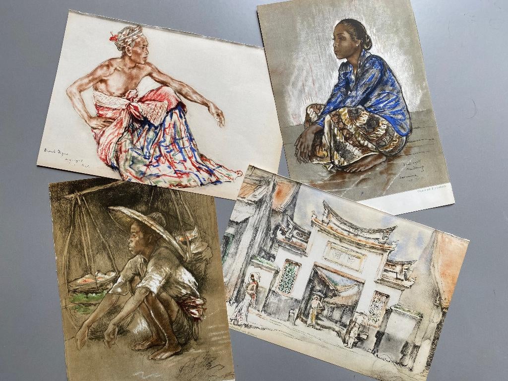 Willem Hofker - 4 prenten - Bali, Ophalen of Verzenden, Dagelijks leven, 1900 - 1949