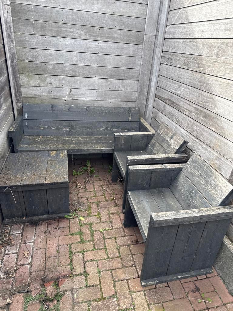 Steigerhouten tuinset met bank en stoelen, Ophalen, 4 zitplaatsen, Gebruikt, Steigerhout