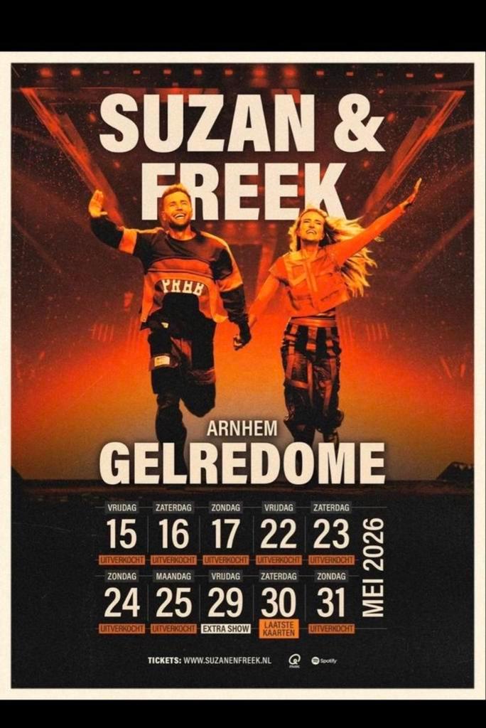 Suzan en Freek 25 Mei 4x staanplaatsen en 4x zitplaaten, Tickets en Kaartjes, Concerten | Overige, Drie personen of meer, Mei