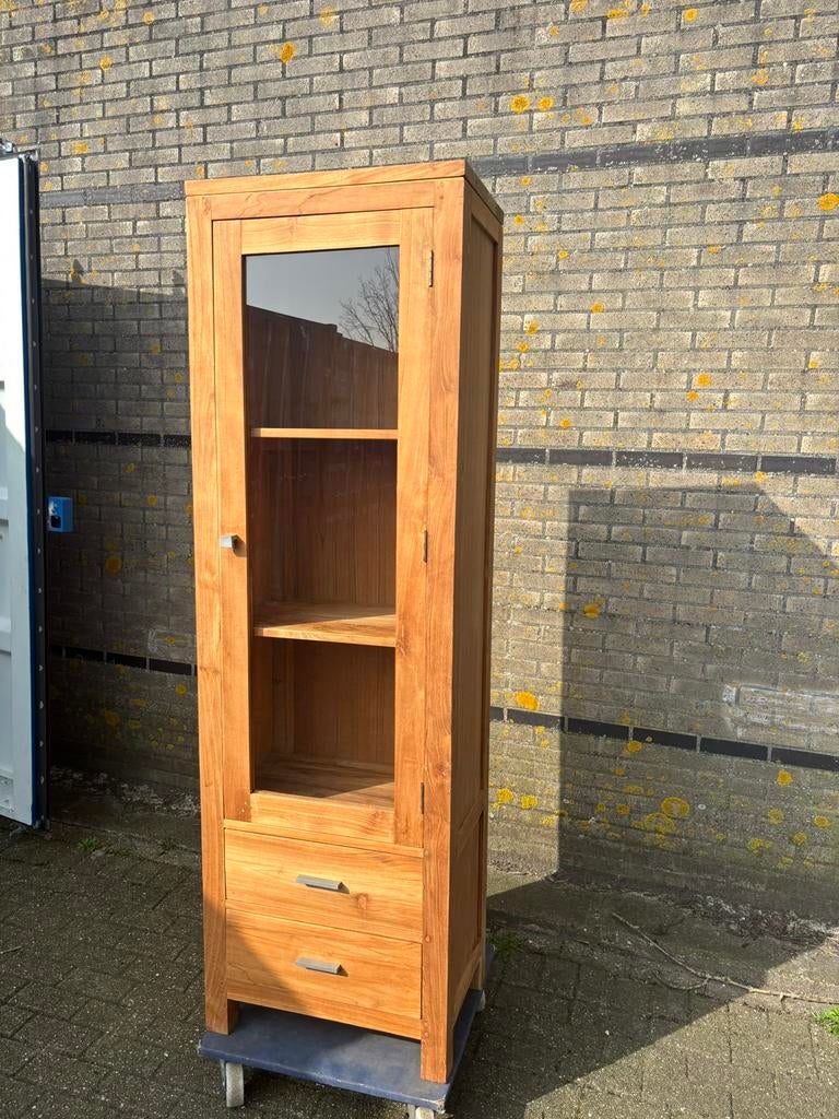Vitrine/boekenkast/drankkast teak, Huis en Inrichting, Kasten | Vitrinekasten, Zo goed als nieuw, 150 tot 200 cm, 25 tot 50 cm