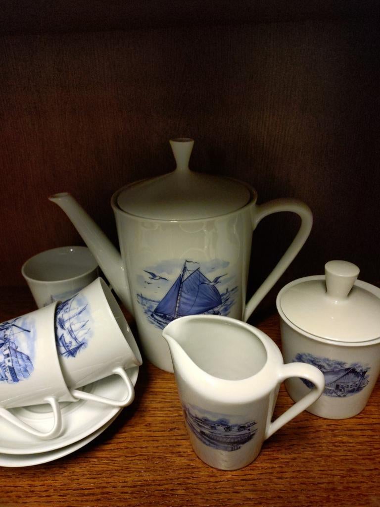 Vintage porseleinen koffieservies met maritiem decor, Ophalen of Verzenden
