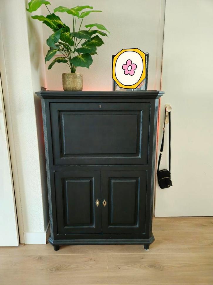 Vintage Secretaire/Bureau - Zwart met Houten Details, Huis en Inrichting, Kasten | Secretaires, Gebruikt, Ophalen of Verzenden