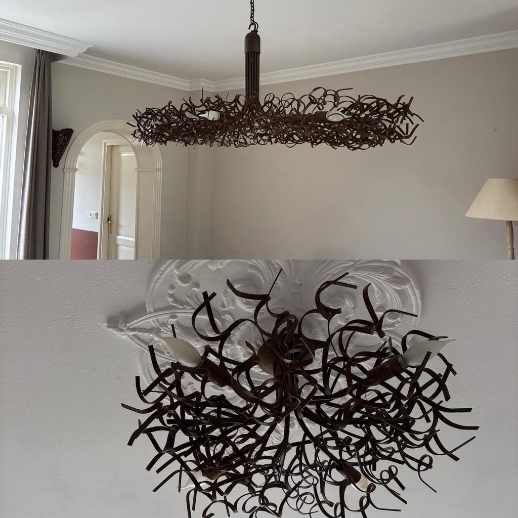 2 Unieke metalen design hanglampen - Modern en robuust, Huis en Inrichting, Lampen | Hanglampen, Ophalen, Gebruikt, Metaal, Minder dan 50 cm