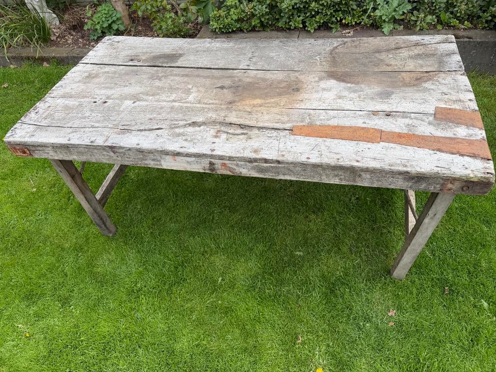 Oude marktkraam tafel, gebruikt als tuintafel, Ophalen of Verzenden, Gebruikt, Rechthoekig, Hout