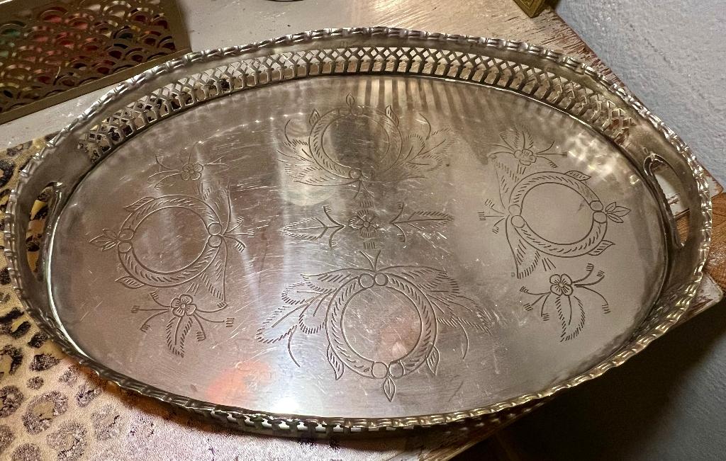 Antiek oud verzilverd ovaal butlerdienblad dienblad art deco, Huis en Inrichting, Woonaccessoires | Dienbladen, Ophalen of Verzenden