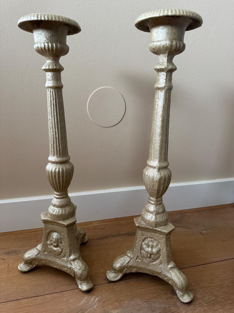 Prachtige vintage, brocante kandelaars!, Ophalen, Overige materialen, Crème, Gebruikt