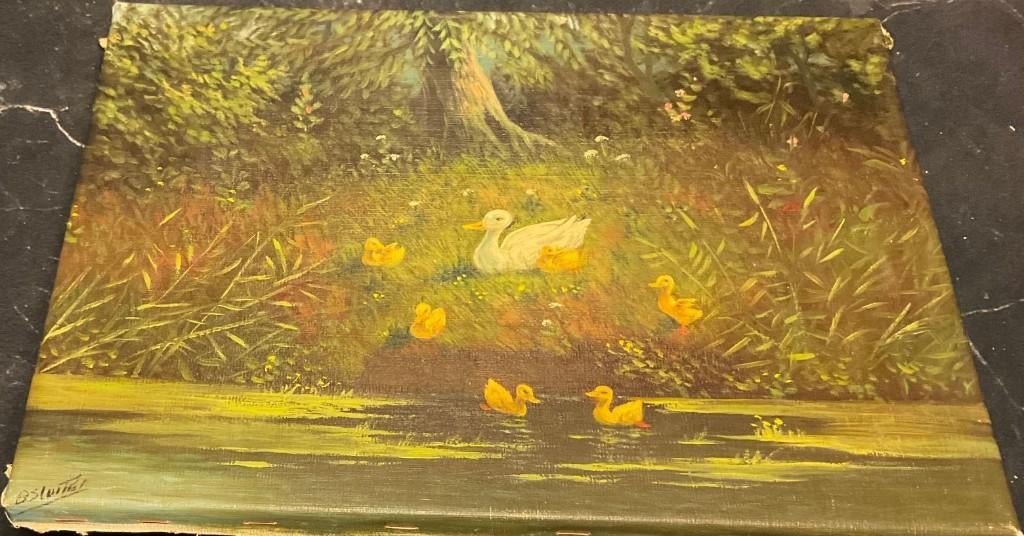 Olieverf - B. SLUITER - Eendjes langs de waterkant, Antiek en Kunst, Ophalen